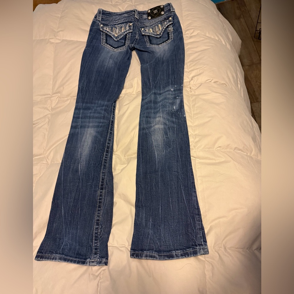 Miss Me Boot Cut Jeans Size 25 with 33 inseam - Dark Blue w/ Embellished Pockets